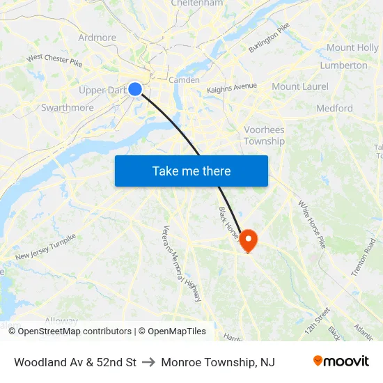 Woodland Av & 52nd St to Monroe Township, NJ map