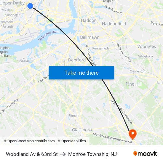 Woodland Av & 63rd St to Monroe Township, NJ map