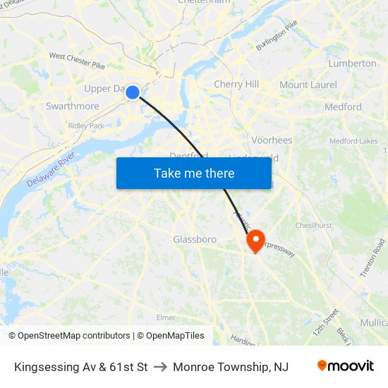 Kingsessing Av & 61st St to Monroe Township, NJ map