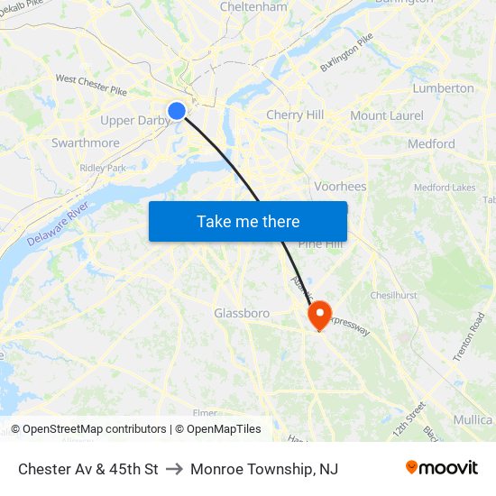 Chester Av & 45th St to Monroe Township, NJ map