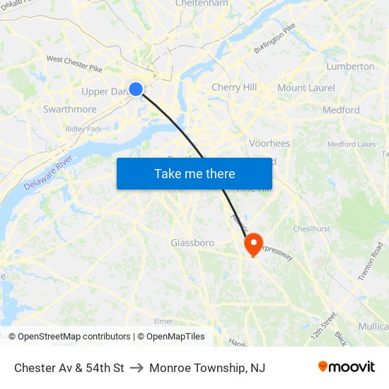 Chester Av & 54th St to Monroe Township, NJ map
