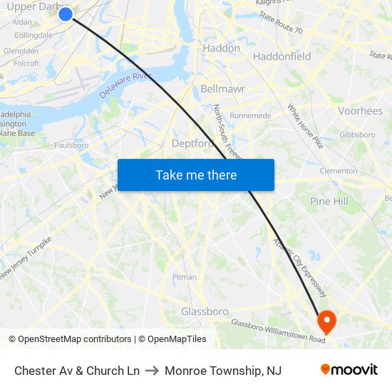 Chester Av & Church Ln to Monroe Township, NJ map