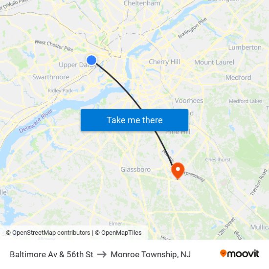 Baltimore Av & 56th St to Monroe Township, NJ map