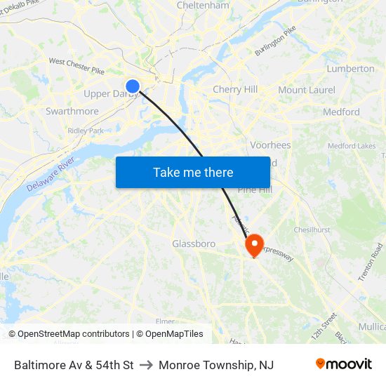 Baltimore Av & 54th St to Monroe Township, NJ map