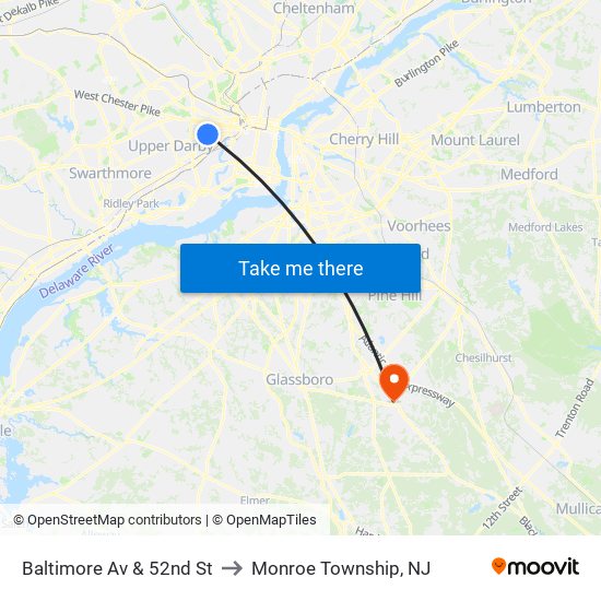 Baltimore Av & 52nd St to Monroe Township, NJ map