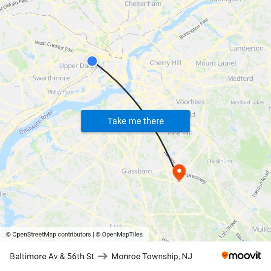 Baltimore Av & 56th St to Monroe Township, NJ map
