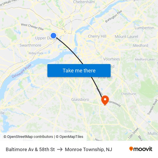 Baltimore Av & 58th St to Monroe Township, NJ map