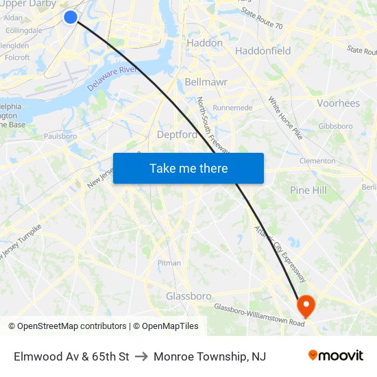 Elmwood Av & 65th St to Monroe Township, NJ map