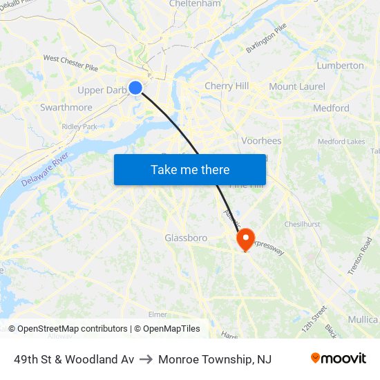49th St & Woodland Av to Monroe Township, NJ map
