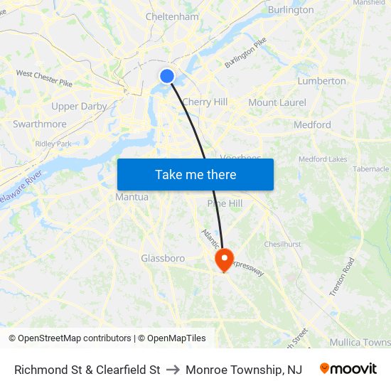 Richmond St & Clearfield St to Monroe Township, NJ map