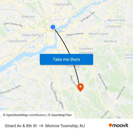 Girard Av & 8th St to Monroe Township, NJ map