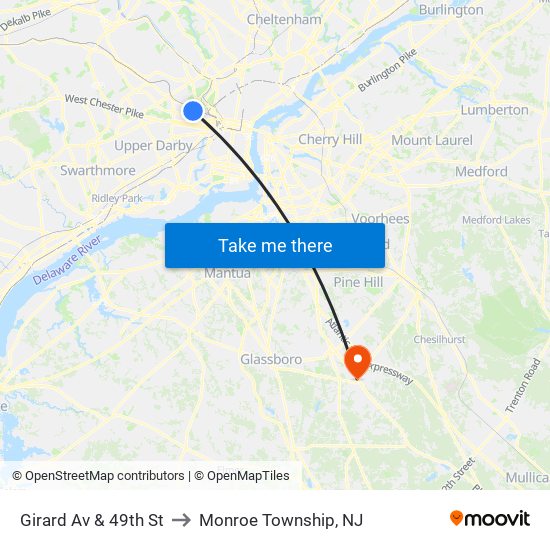 Girard Av & 49th St to Monroe Township, NJ map