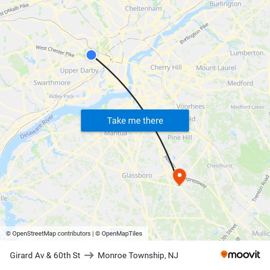 Girard Av & 60th St to Monroe Township, NJ map