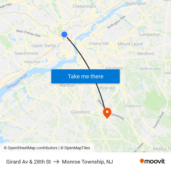 Girard Av & 28th St to Monroe Township, NJ map