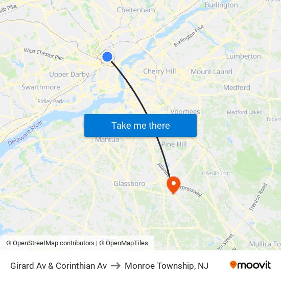 Girard Av & Corinthian Av to Monroe Township, NJ map