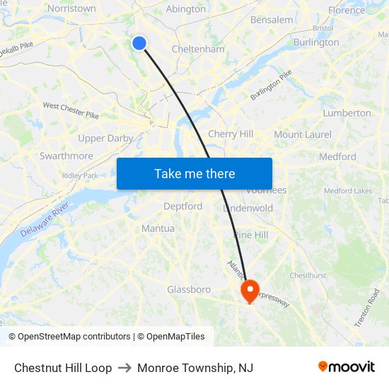 Chestnut Hill Loop to Monroe Township, NJ map