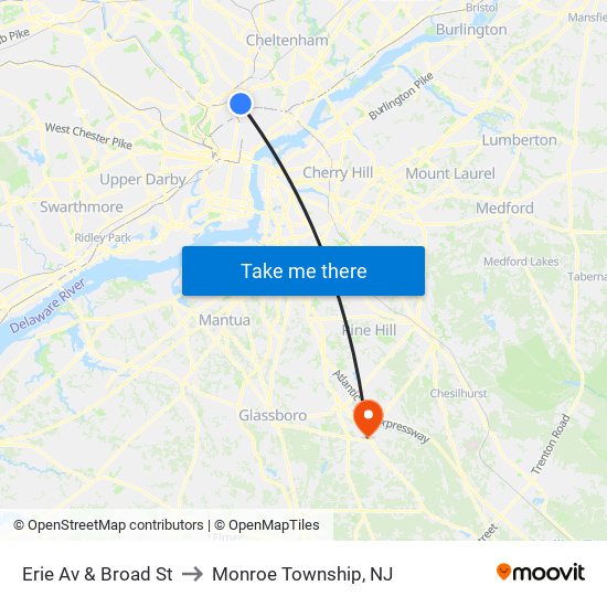 Erie Av & Broad St to Monroe Township, NJ map