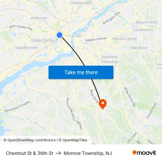 Chestnut St & 36th St to Monroe Township, NJ map
