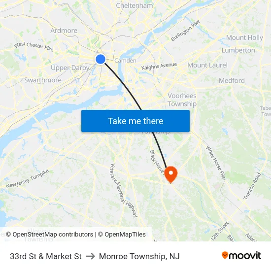 33rd St & Market St to Monroe Township, NJ map