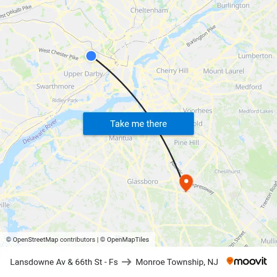 Lansdowne Av & 66th St - Fs to Monroe Township, NJ map