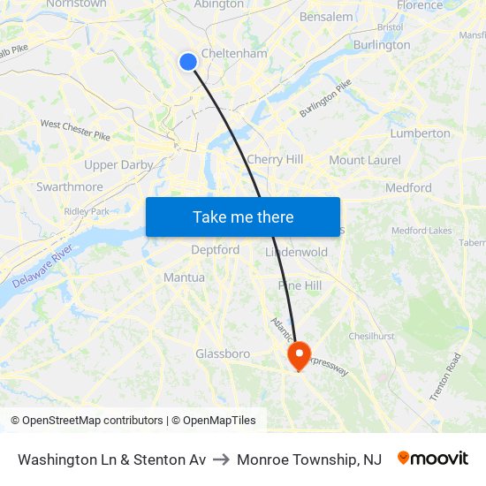 Washington Ln & Stenton Av to Monroe Township, NJ map