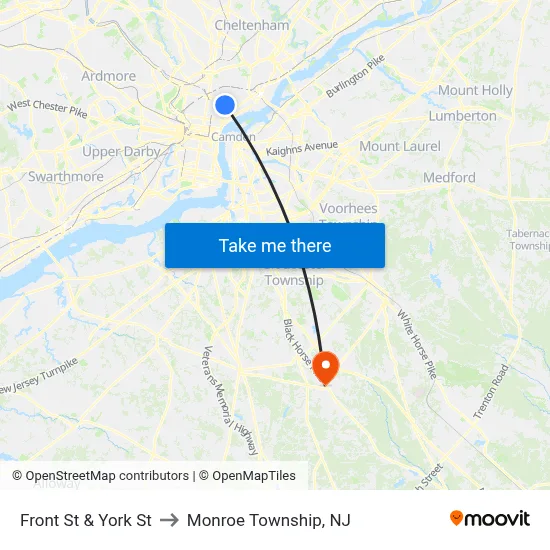 Front St & York St to Monroe Township, NJ map