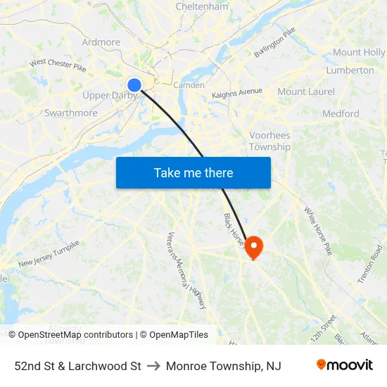 52nd St & Larchwood St to Monroe Township, NJ map