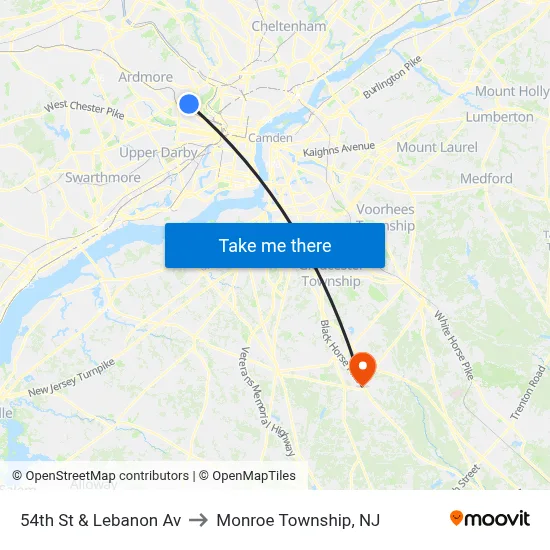 54th St & Lebanon Av to Monroe Township, NJ map