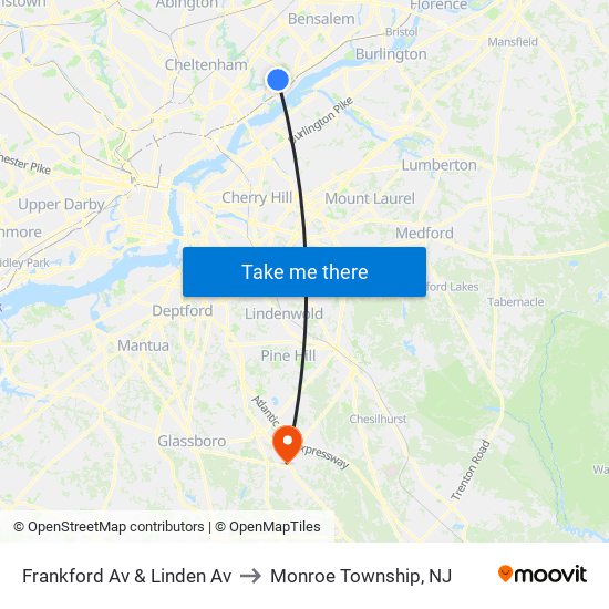 Frankford Av & Linden Av to Monroe Township, NJ map
