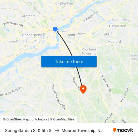 Spring Garden St & 5th St to Monroe Township, NJ map