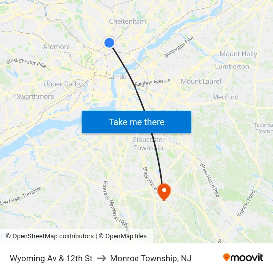 Wyoming Av & 12th St to Monroe Township, NJ map