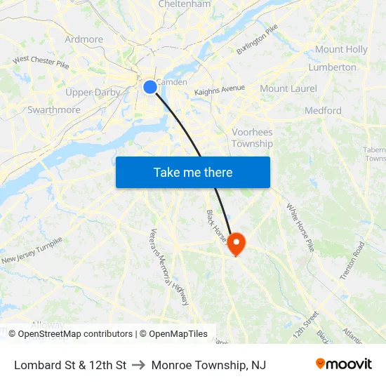 Lombard St & 12th St to Monroe Township, NJ map