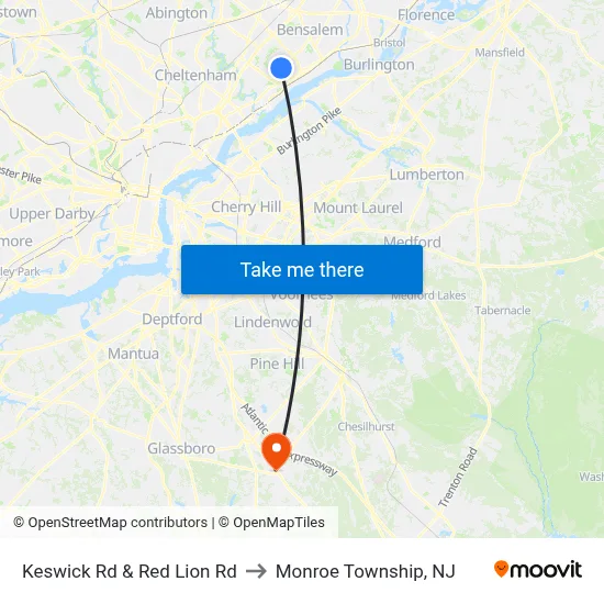 Keswick Rd & Red Lion Rd to Monroe Township, NJ map