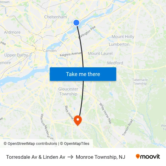 Torresdale Av & Linden Av to Monroe Township, NJ map