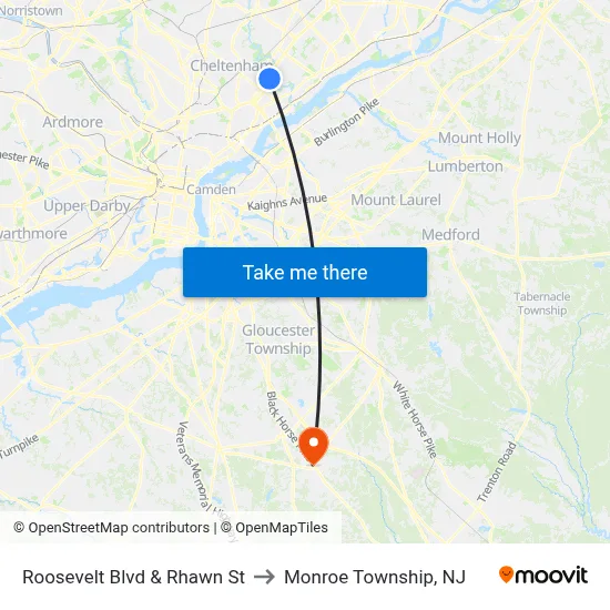 Roosevelt Blvd & Rhawn St to Monroe Township, NJ map