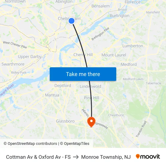 Cottman Av & Oxford Av - FS to Monroe Township, NJ map