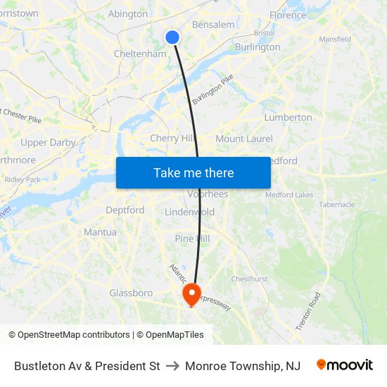 Bustleton Av & President St to Monroe Township, NJ map