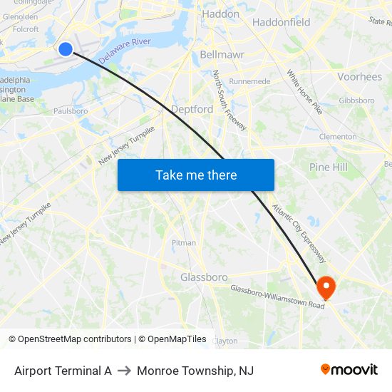 Airport Terminal A to Monroe Township, NJ map