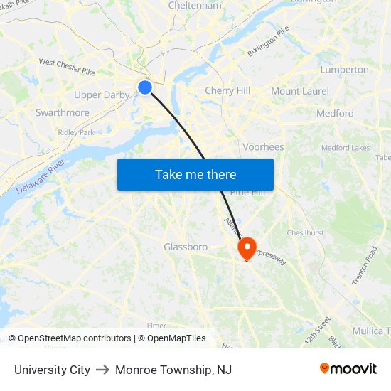 University City to Monroe Township, NJ map