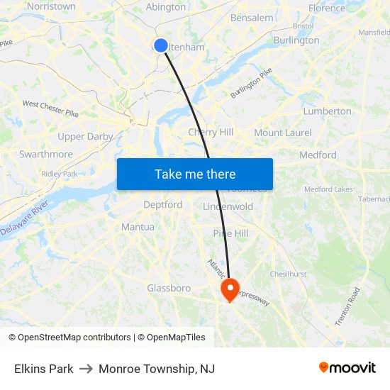 Elkins Park to Monroe Township, NJ map