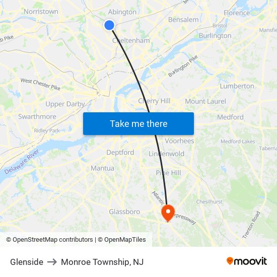 Glenside to Monroe Township, NJ map