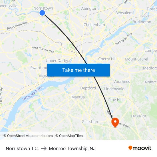 Norristown T.C. to Monroe Township, NJ map