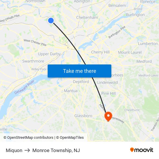 Miquon to Monroe Township, NJ map