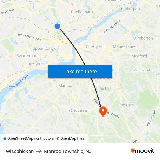 Wissahickon to Monroe Township, NJ map