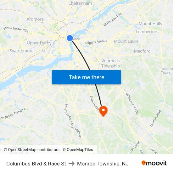 Columbus Blvd & Race St to Monroe Township, NJ map
