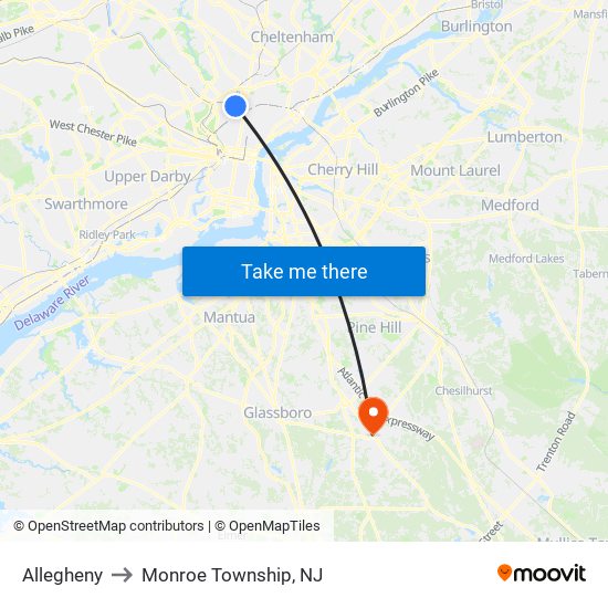 Allegheny to Monroe Township, NJ map