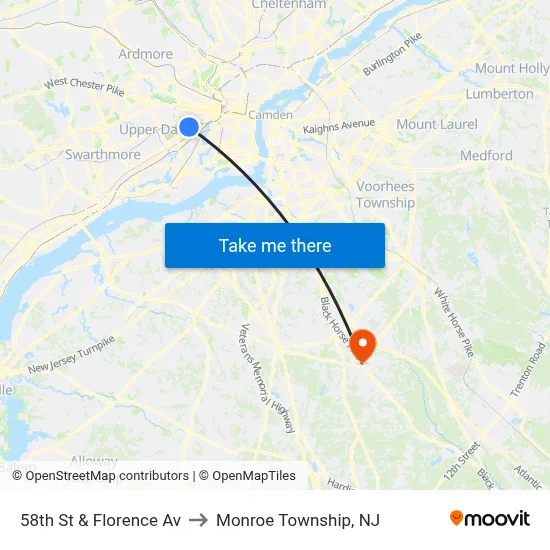 58th St & Florence Av to Monroe Township, NJ map