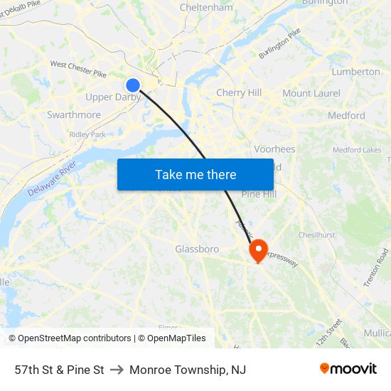 57th St & Pine St to Monroe Township, NJ map