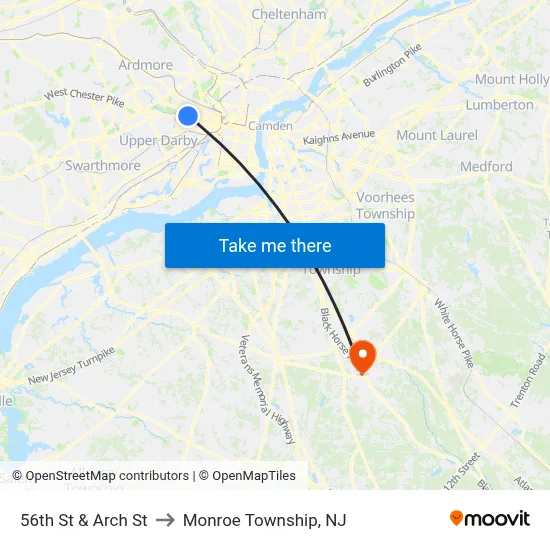 56th St & Arch St to Monroe Township, NJ map