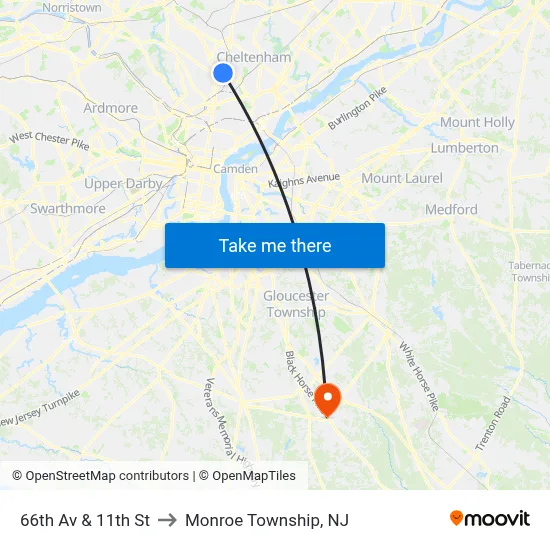 66th Av & 11th St to Monroe Township, NJ map